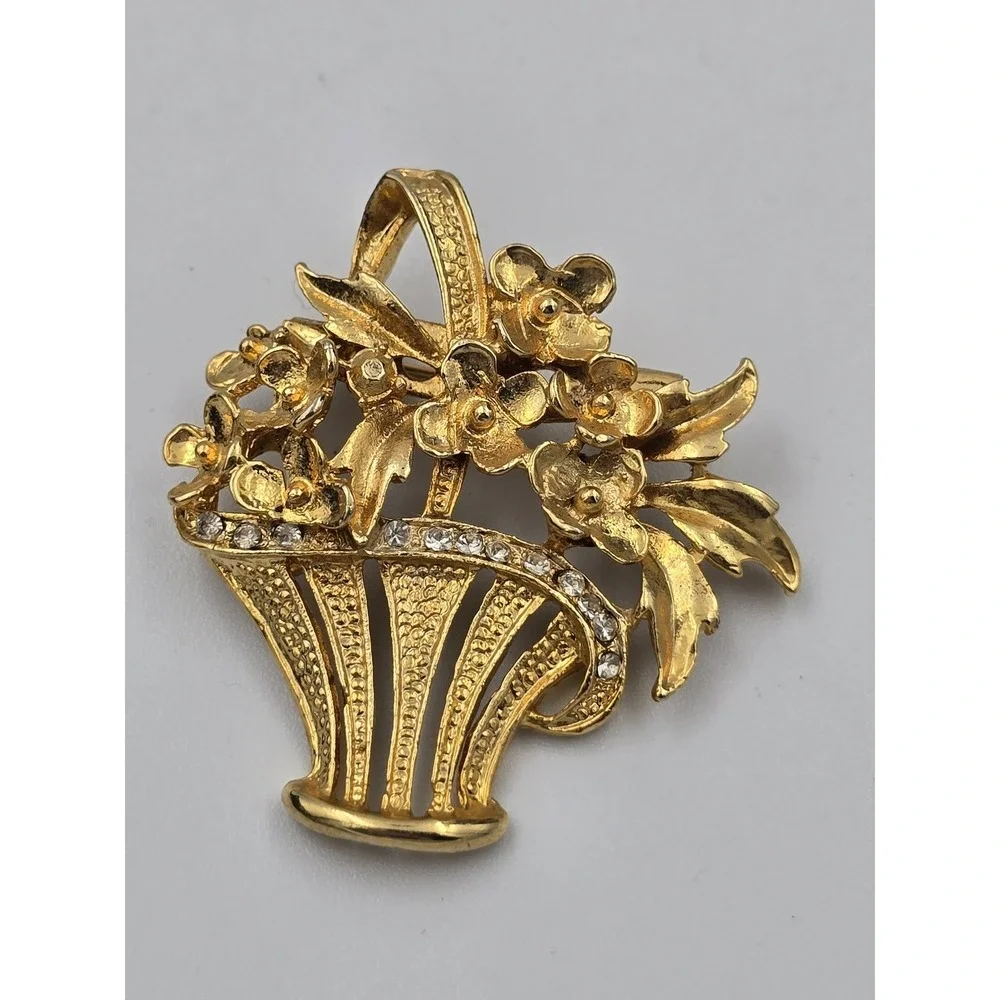 Vintage‎ Gold Tone Floral Flower Basket Brooch Pin Pendant Clear Rhinestones